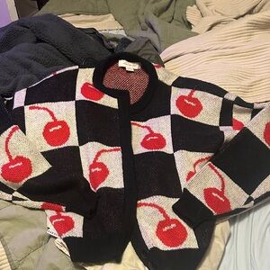 Lisa Says Gah Cherry Patterned Black and White Cardigan